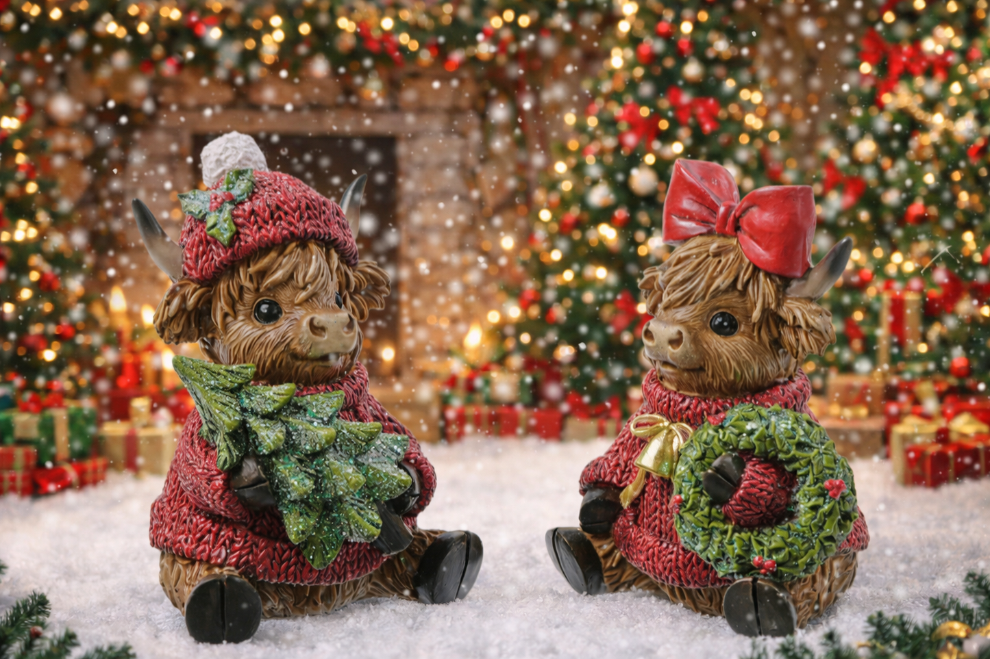 PREORDER ONLY  SET OF 2 highland Christmas cow with wreath and tree