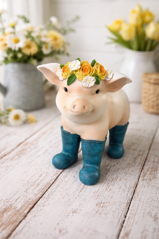 Spring Resin Pig with flowers and boots
