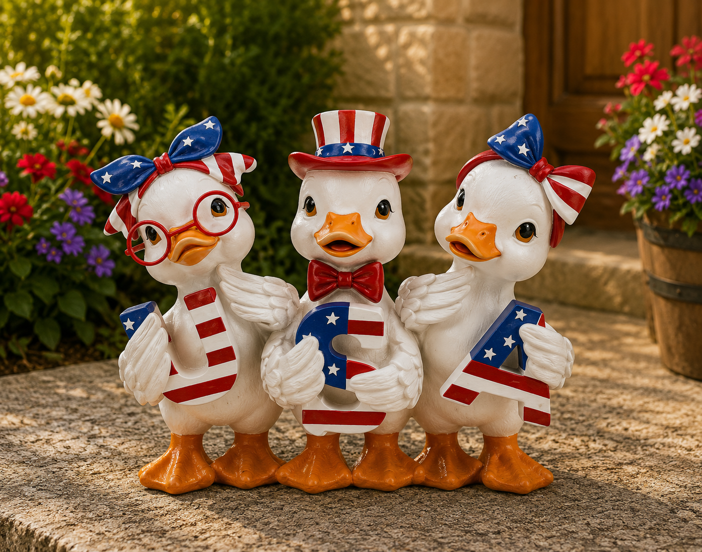 PREORDER ONLY 6.69"L Resin Americana Ducks with "USA" Sign