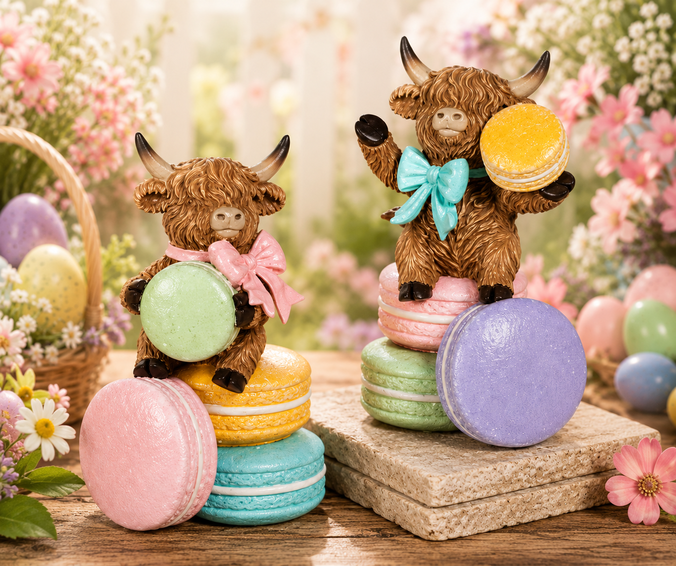 PREORDER ONLY 4.92"H Resin Highland Cow w/ Macaron SET OF 2