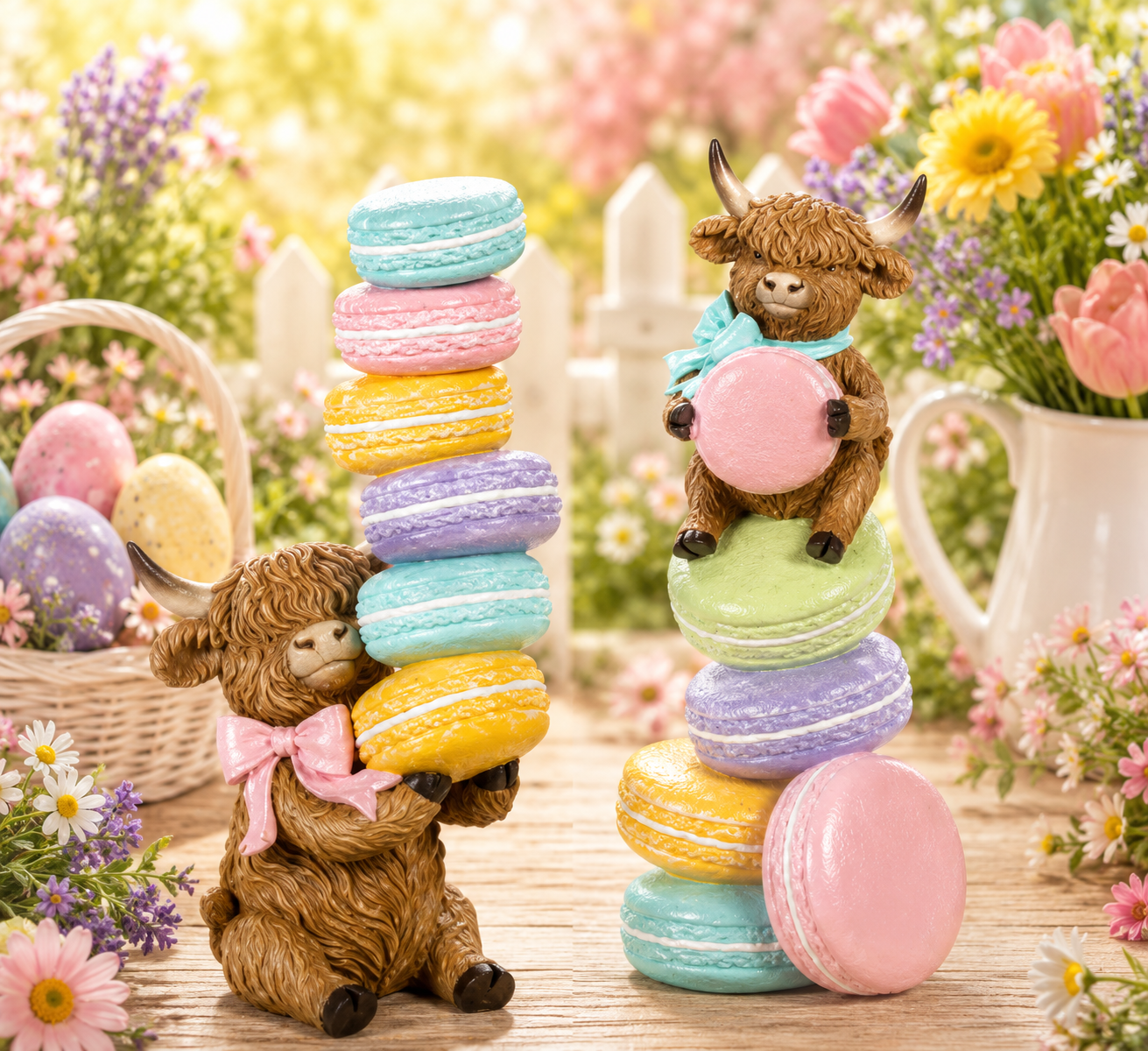 PREORDER ONLY  9.84"H Resin Highland Cow w/ Macarons Set of 2