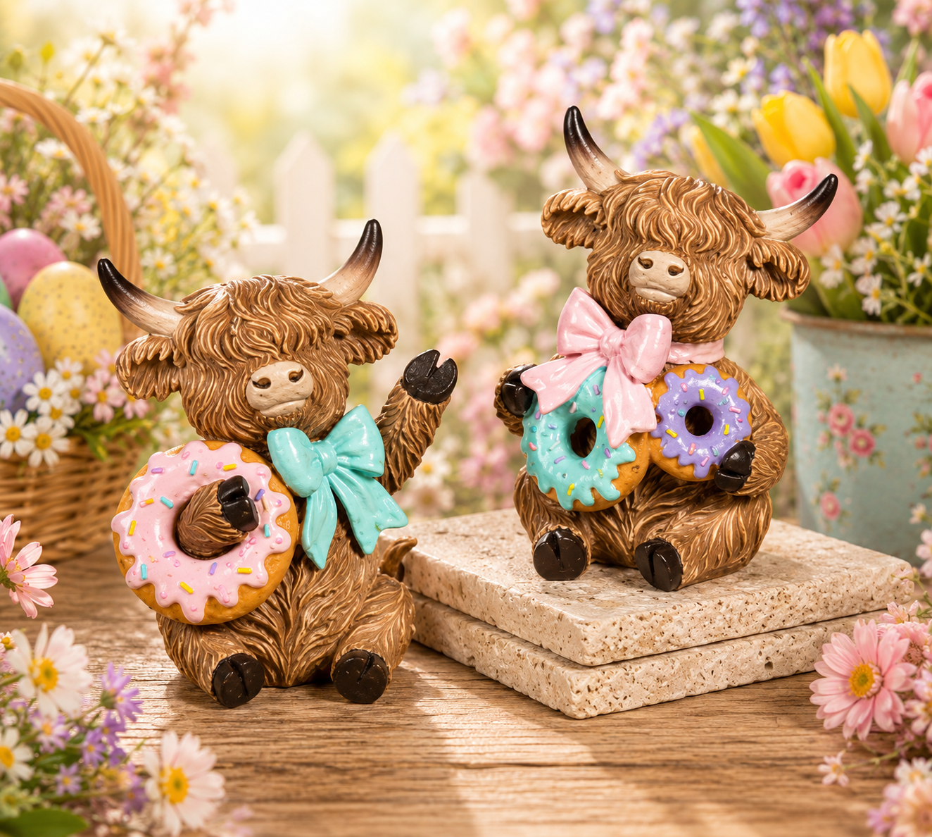 PREORDER ONLY   3.94"H Resin Highland Cow w/ Donut SET OF 2