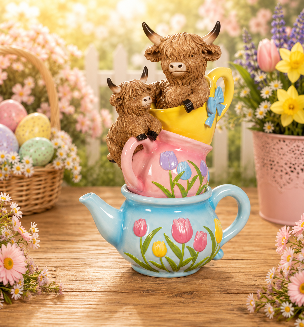 PREORDER  9.25"H Resin Stacking Teacup & Teapot w/ Highland Cows