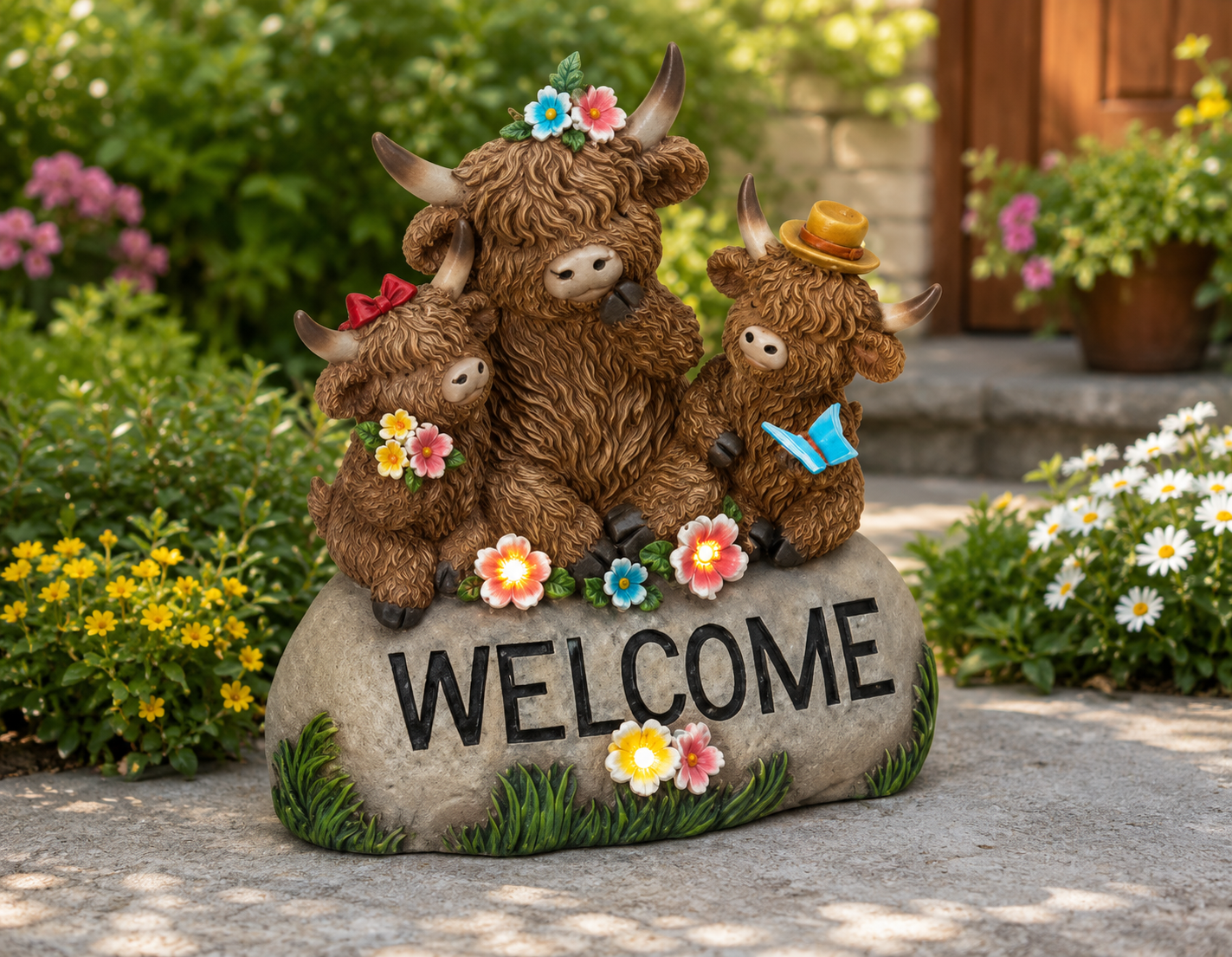 PREORDER ONLY 9.25"H Solar Lighted Resin Highland Cows Sitting on "Welcome" Stone