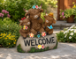 PREORDER ONLY 9.25"H Solar Lighted Resin Highland Cows Sitting on "Welcome" Stone