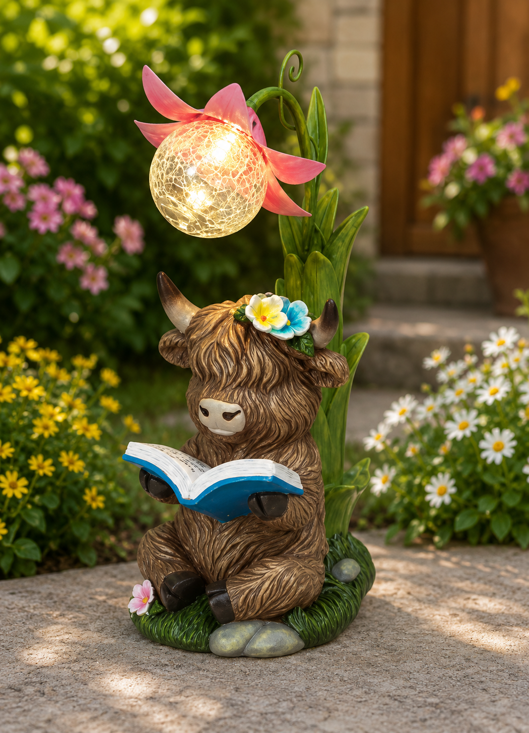PREORDER ONLY 11.22"H Solar Lighted Resin Highland Cow w/ Metal Flower & Crackle Glass Ball