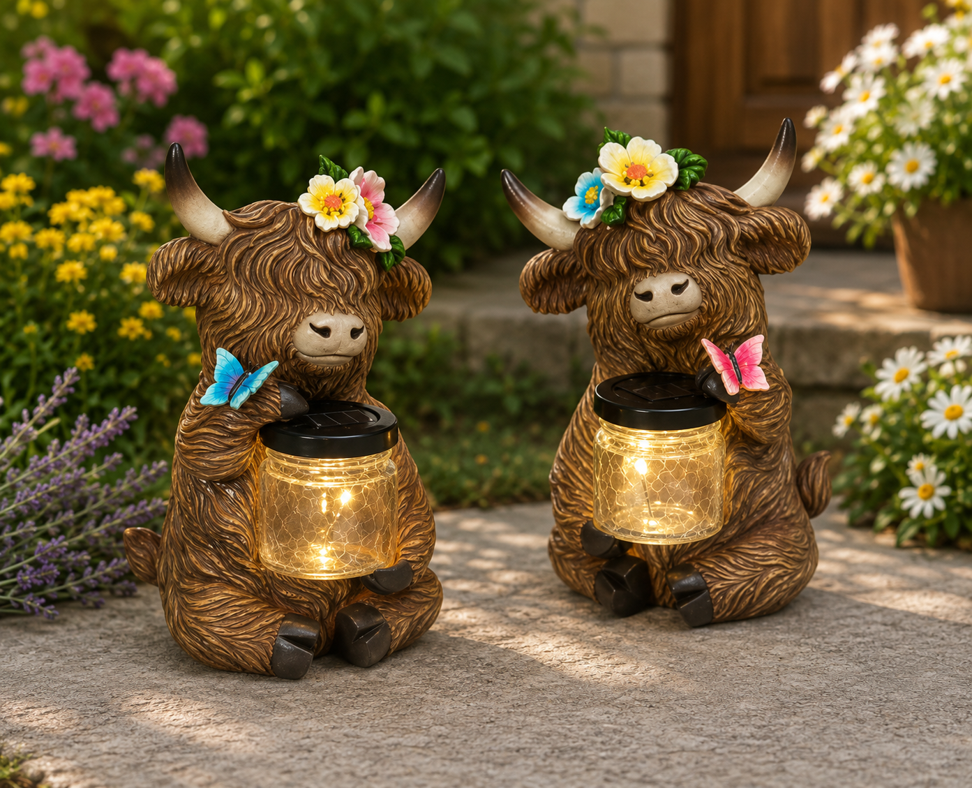 PREORDER ONLY   7.48"H Solar Lighted Resin Highland Cow w/ Glass Jar SOLD INDIVIDUALLY