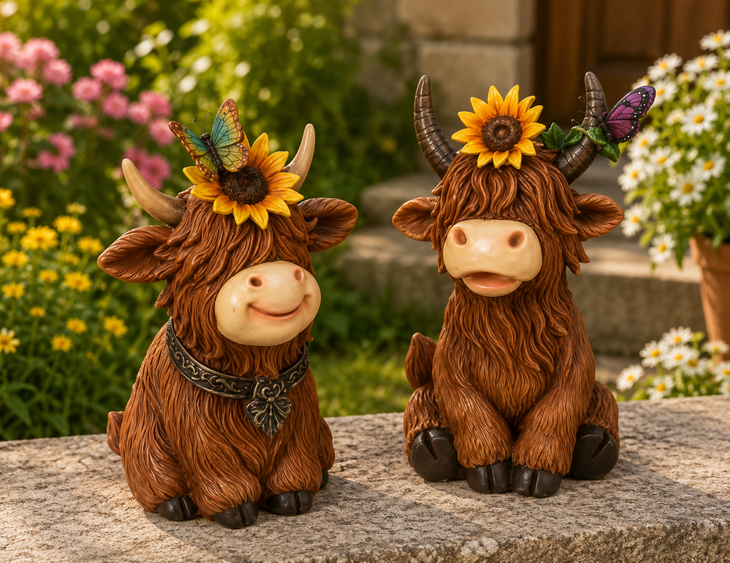 PREORDER ONLY 6.1"H Resin Highland Cow w/ Sun Flower SET OF 2