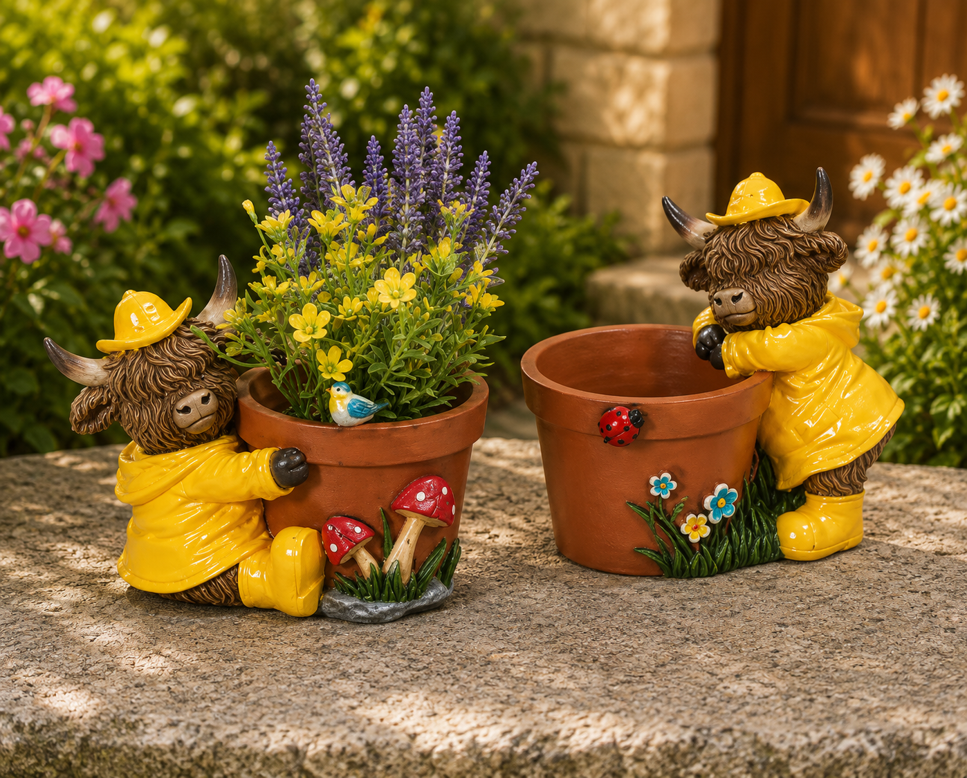 PREORDER ONLY  6.89"L Resin Highland Cow w/ Planter SET OF 2