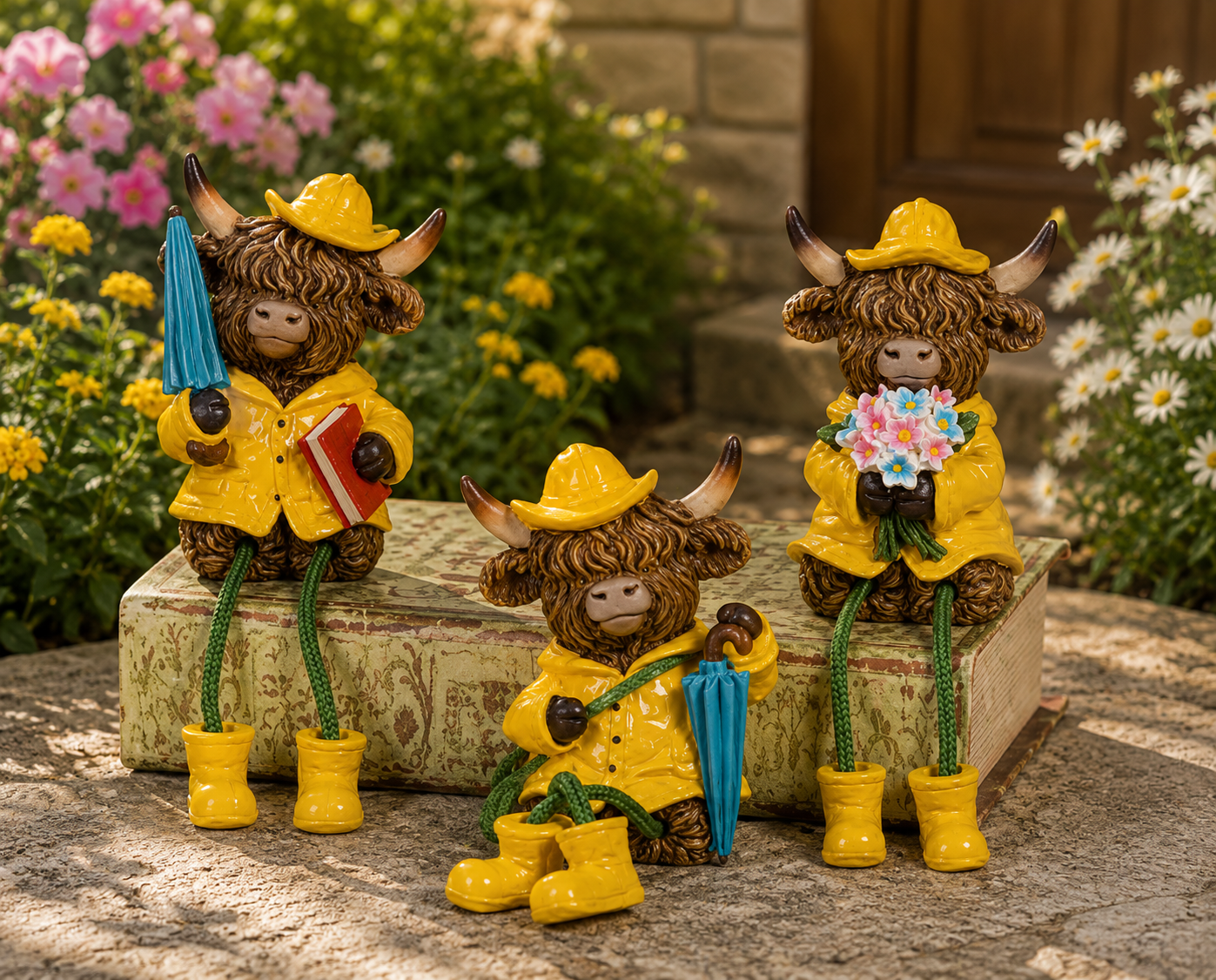 PREORDER ONLY  3.54" Resin Rain Coat Highland Cow Shelf Sitter SET OF 3