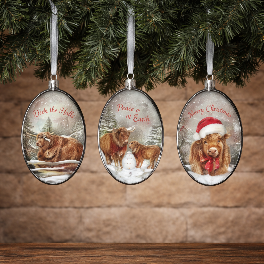 PREORDER ONLY 5.5" H Frosted Glass Highland Cow Ornament