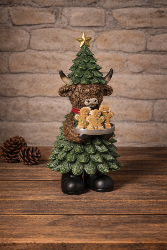 PREORDER ONLY 12.4"H Resin Holiday Highland Cow Holding Gingerbread Treats
