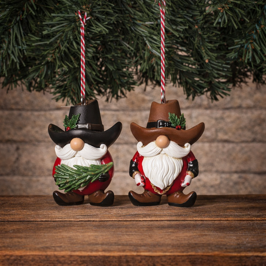3.54"H Resin Holiday Western Cowboy Gnome Ornament set of 2 PREORDER ONLY