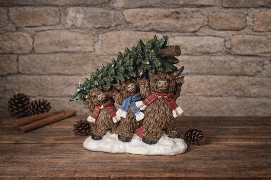 PREORDER ONLY 8.86"H Resin Holiday Highland Cows Carrying Tree