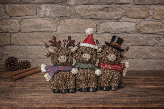 6.6"L Resin Holiday Highland Cows Figurine PREORDER ONLY