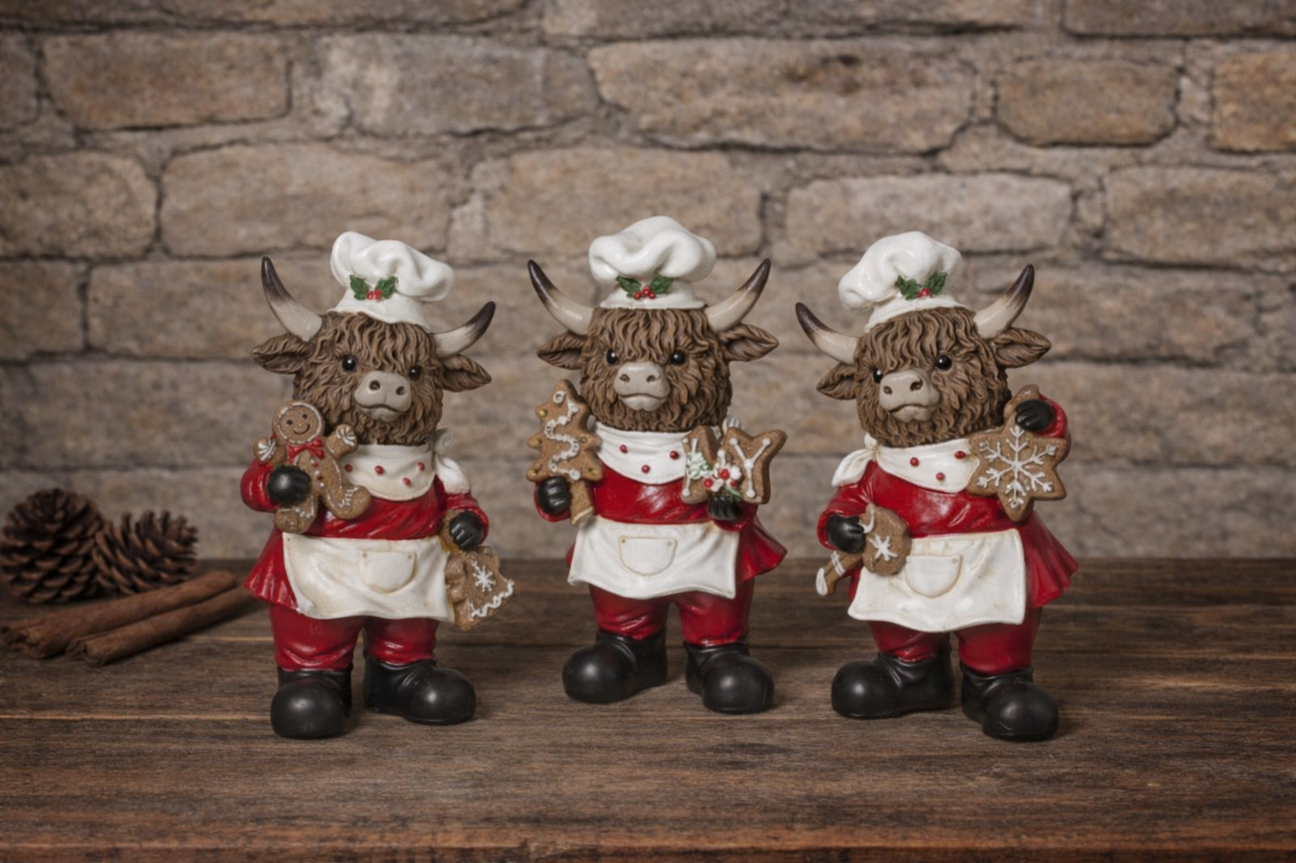 PREORDER ONLY 5.9"H Resin Holiday Highland Cow Chef SET OF 3