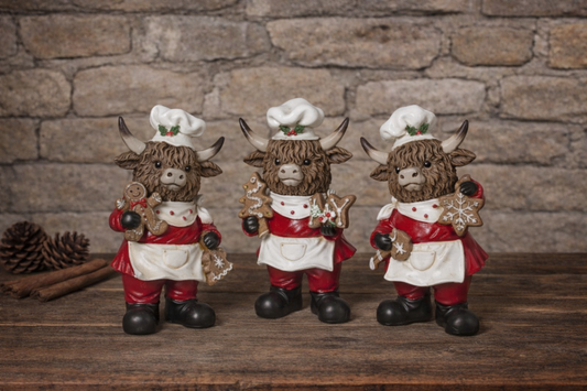 PREORDER ONLY 5.9"H Resin Holiday Highland Cow Chef SET OF 3