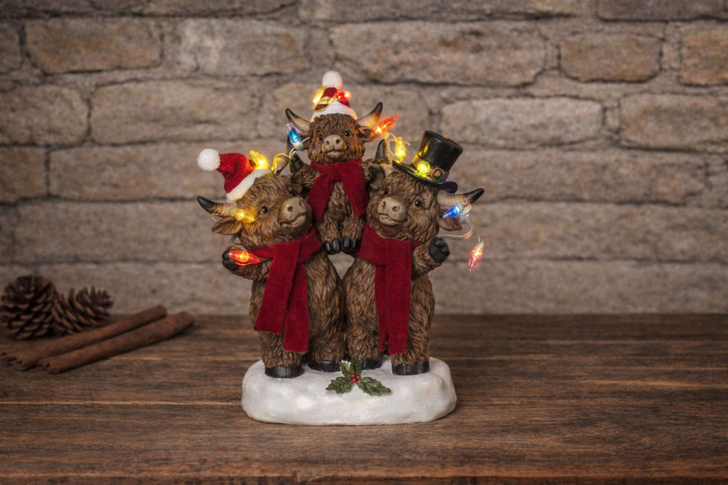 9.8"H B/O Lighted Resin Holiday Highland Cow Family Figurine w/ Timer PREORDER ONLY