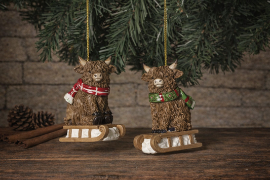PRERORDER ONLY 3.35"H Resin Holiday Highland Cow Ornament SET OF 2