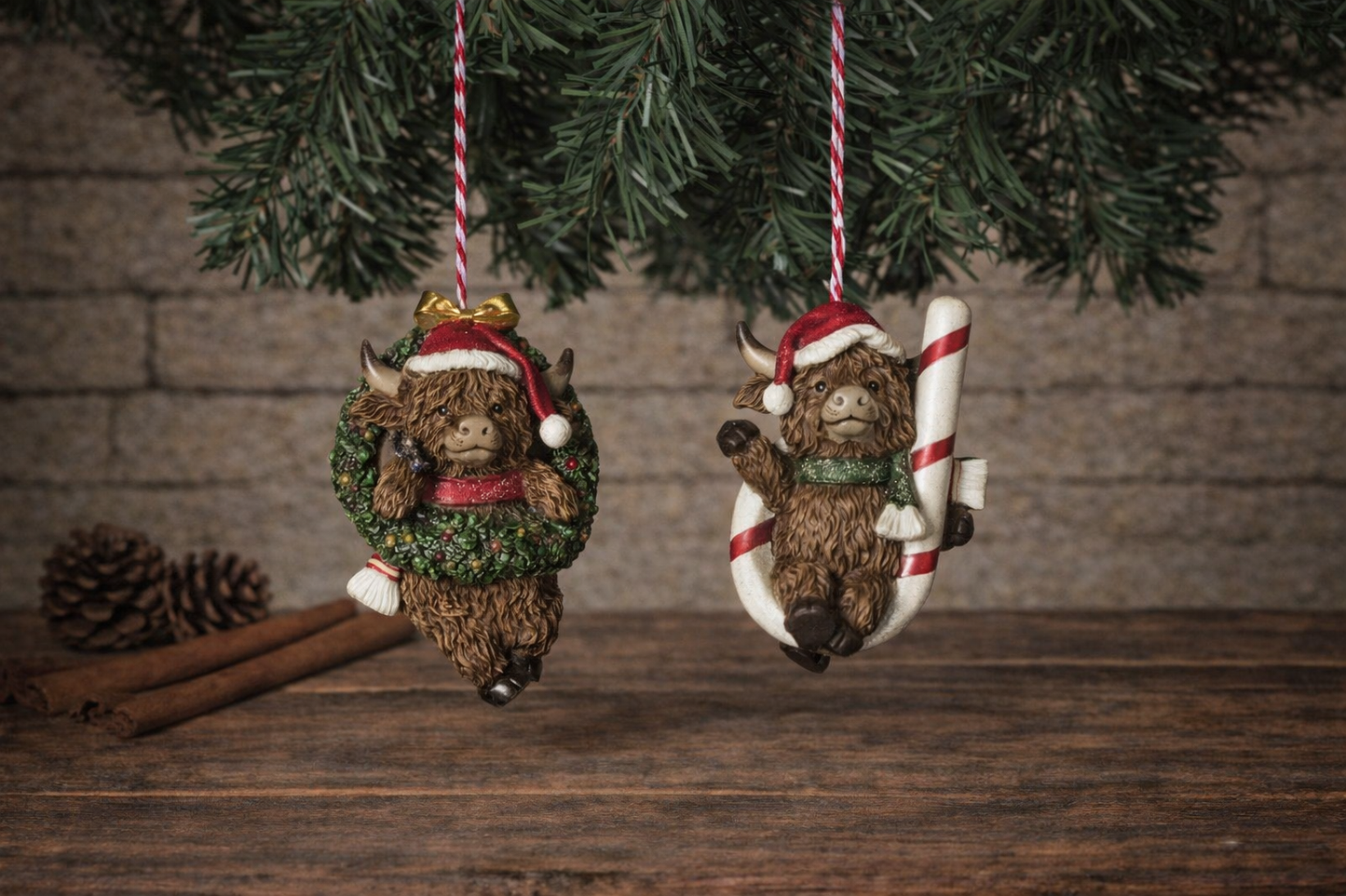 3.7"H Resin Holiday Highland Cow Ornament set of.2 PREORDER ONLY