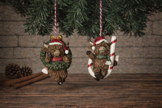 3.7"H Resin Holiday Highland Cow Ornament set of.2 PREORDER ONLY