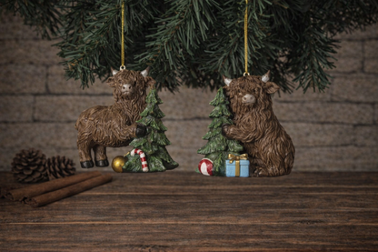 PREORDER ONLY 3.15"H Resin Holiday Highland Cow Ornament SET OF 2