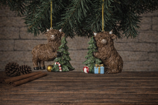 PREORDER ONLY 3.15"H Resin Holiday Highland Cow Ornament SET OF 2