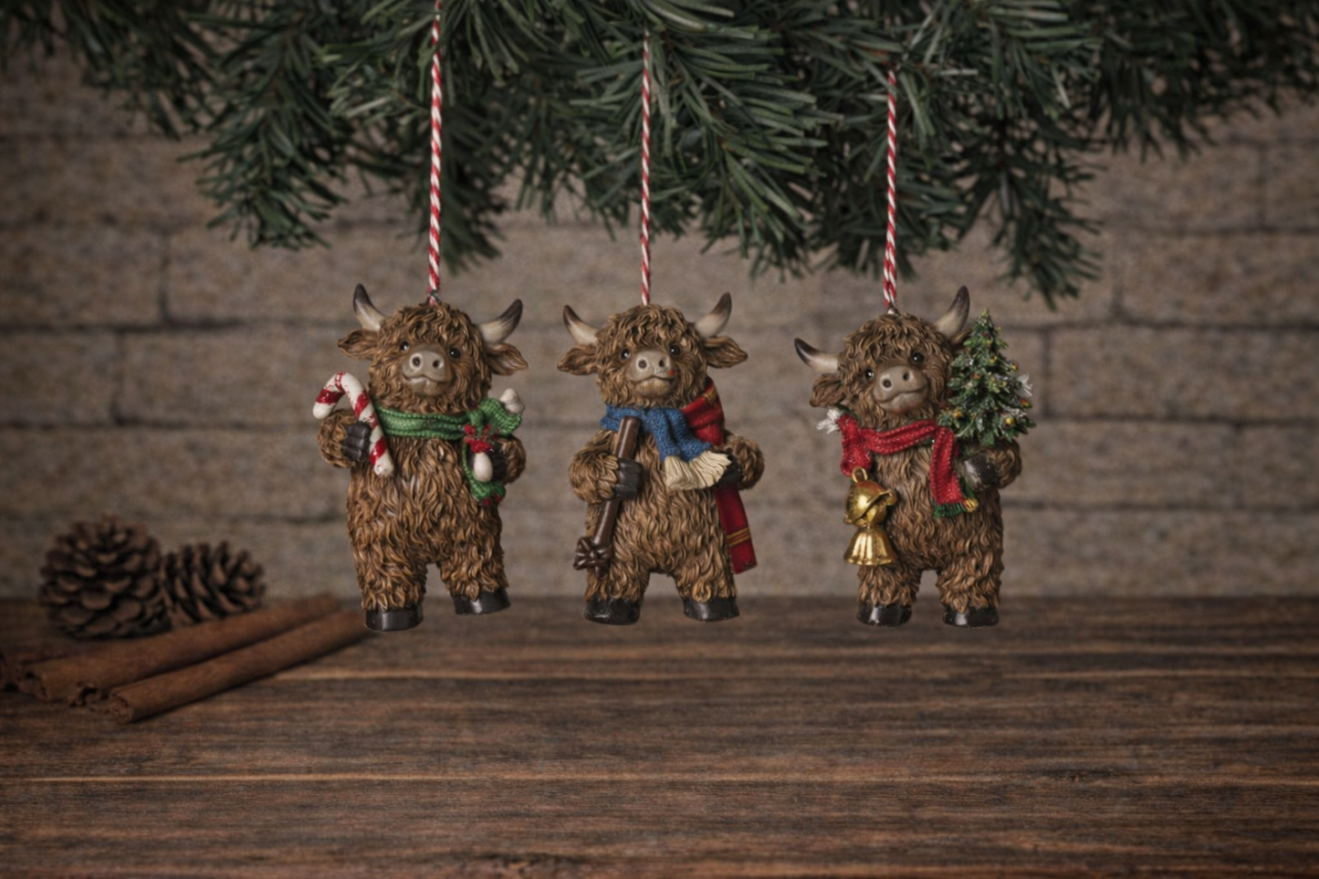 3.5"H Resin Holiday Highland Cow Ornament set of 3 PREORDER ONLY