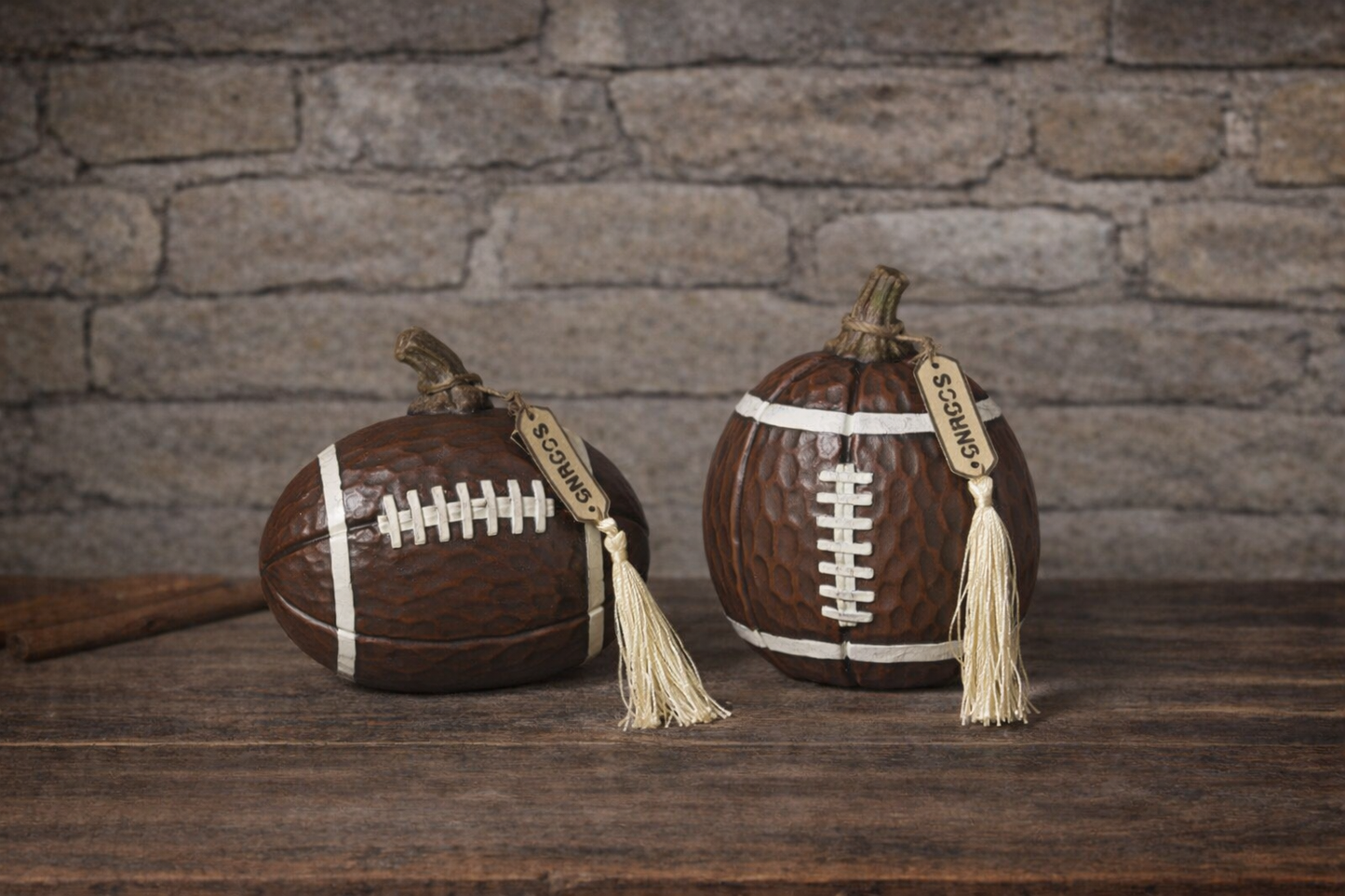 PREORDER ONLY 5.51"H Resin Harvest Football Pumpkin with Tag SET OF 2