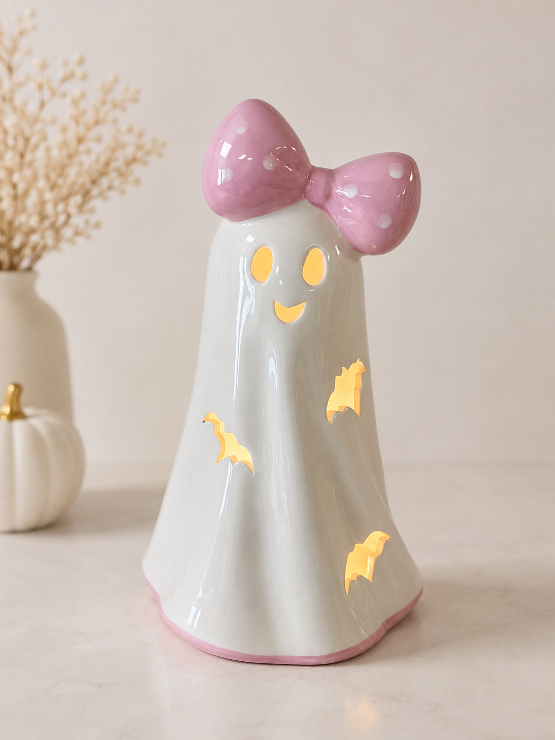 Pink Bow Ghost Figurine with Lights Bow on head