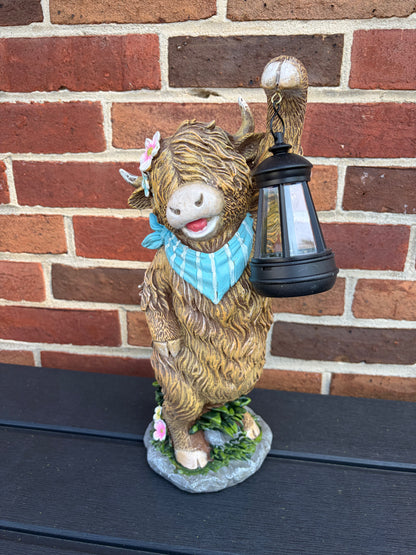 Solar Lighted Resin Highland Cow with Lantern