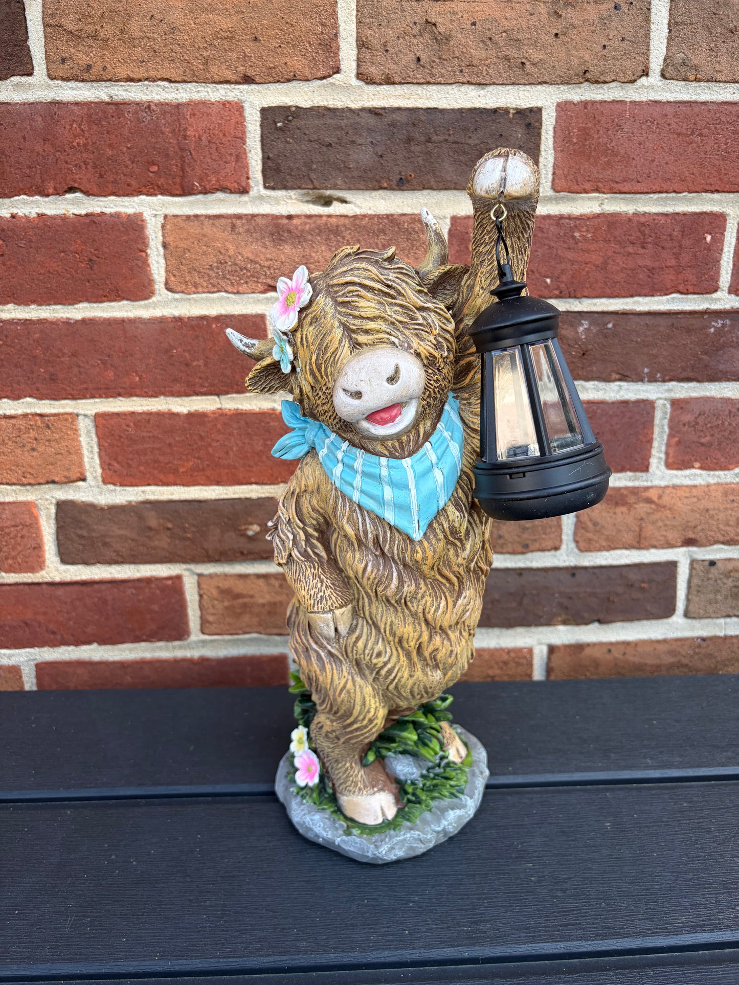 Solar Lighted Resin Highland Cow with Lantern