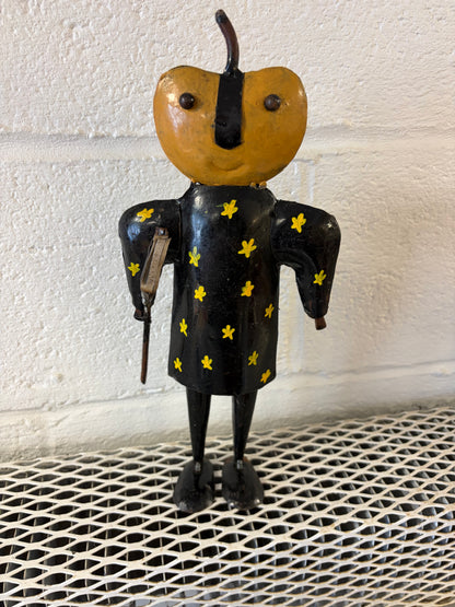 Recycled India Metal Pumpkinhead Halloween Figurine Black Outfit Yellow Star