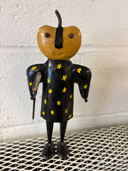 Recycled India Metal Pumpkinhead Halloween Figurine Black Outfit Yellow Star