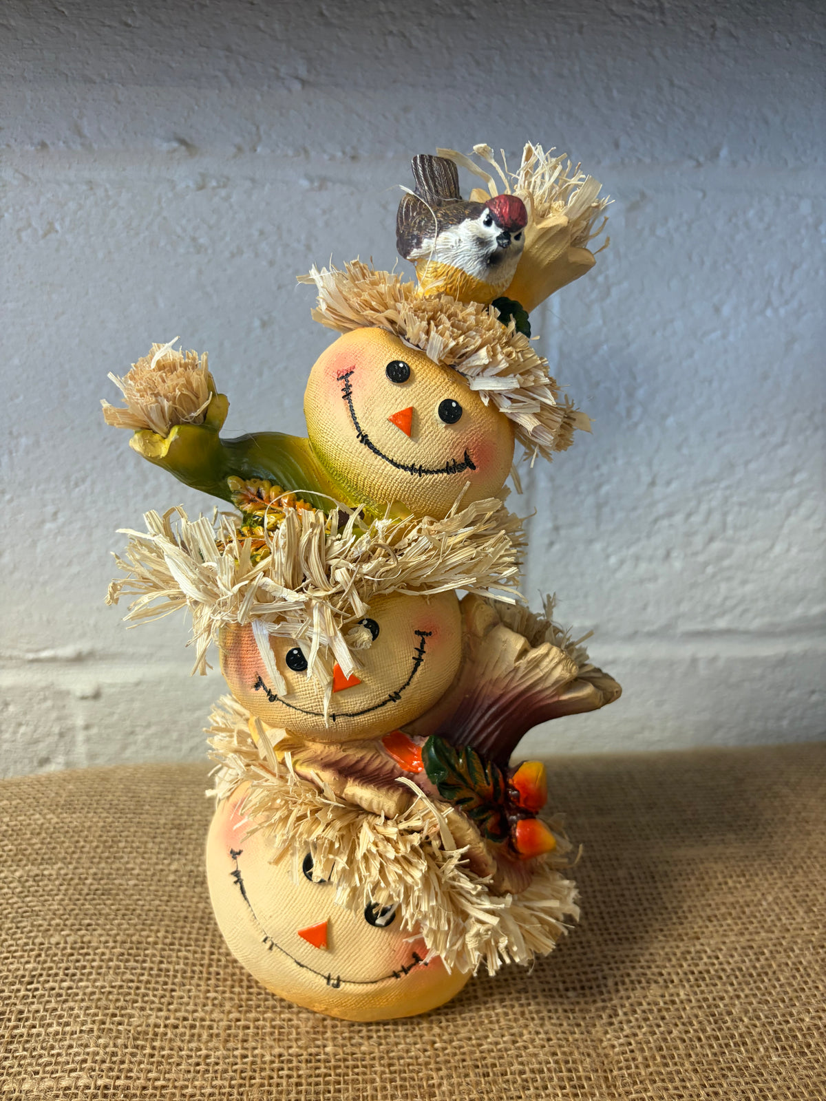 Scarecrow Stack Figurine w/ Bird & Straw Hat Freestanding