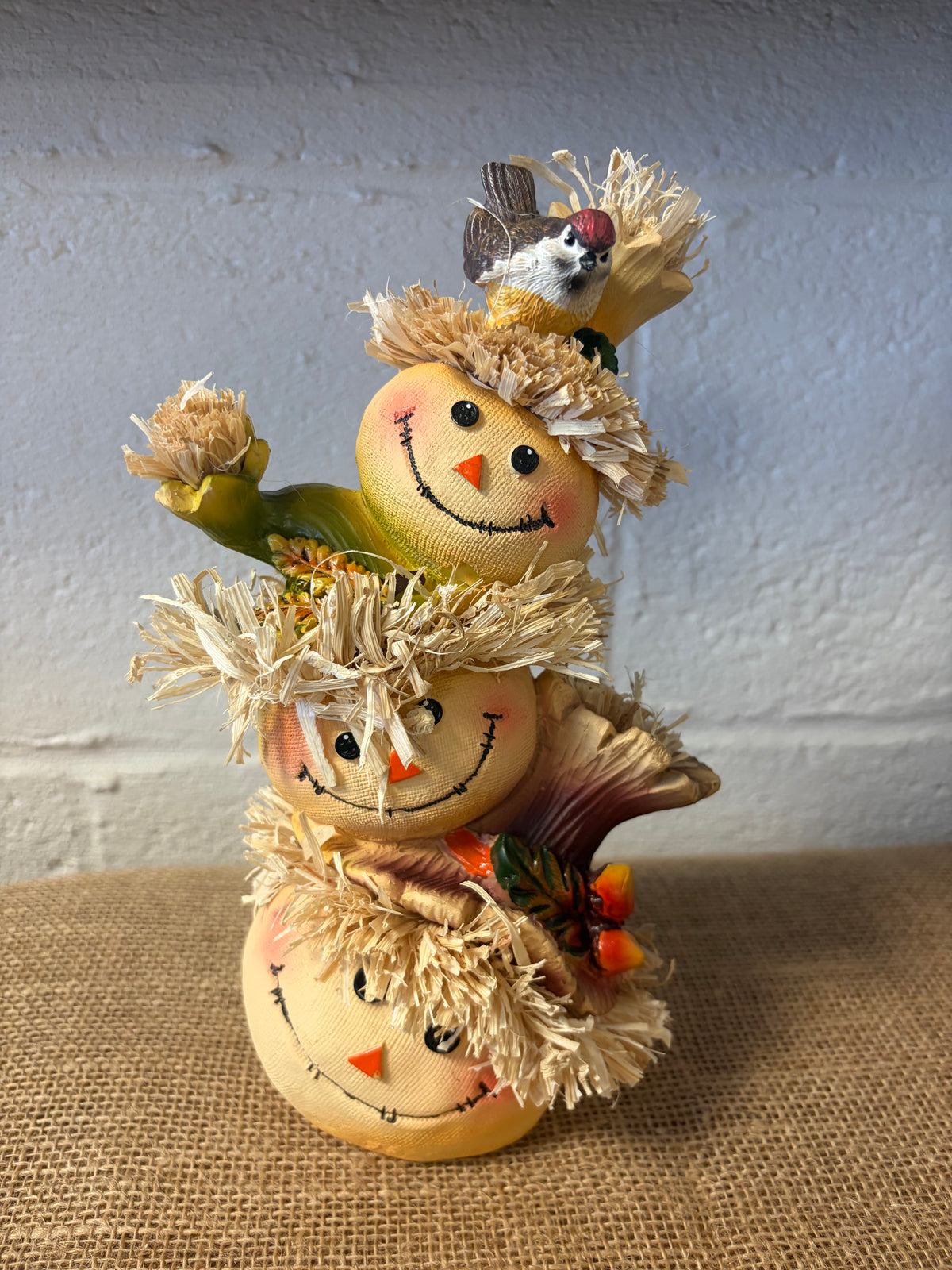 Scarecrow Stack Figurine w/ Bird & Straw Hat Freestanding