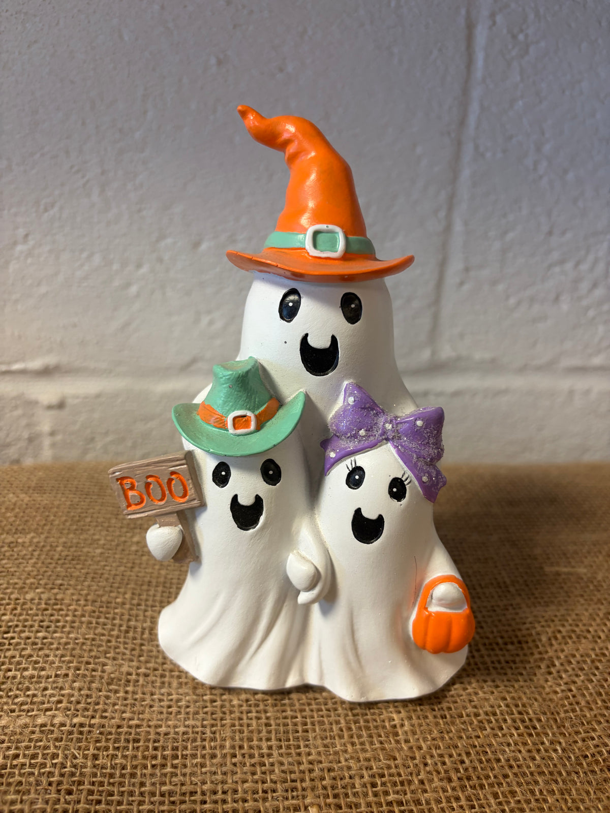 Halloween Ghost Family Ceramic Figurine Boo Sign Candy Corn Witch Hat Bow