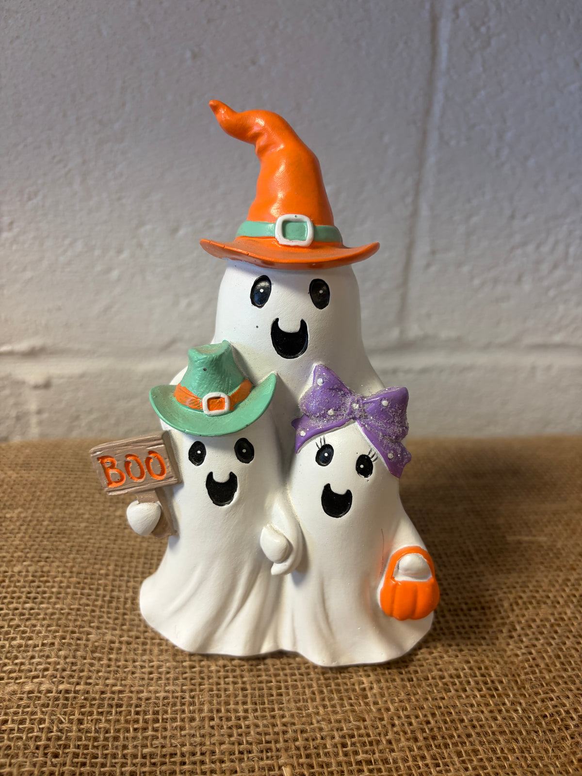 Halloween Ghost Family Ceramic Figurine Boo Sign Candy Corn Witch Hat Bow