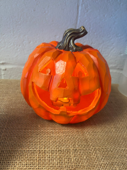 Lighted Jack-o'-lantern Pumpkin Figurine, Orange/Black resin, Battery operated