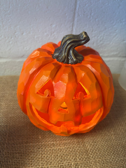 Lighted Jack-o'-lantern Pumpkin Figurine, Orange/Black resin, Battery operated
