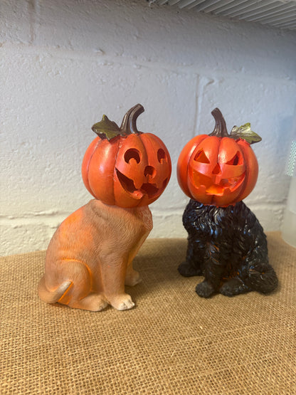 Set of 2 Halloween DOG Figurines w/ Jack-O-Lantern Pumpkin Heads Freestanding