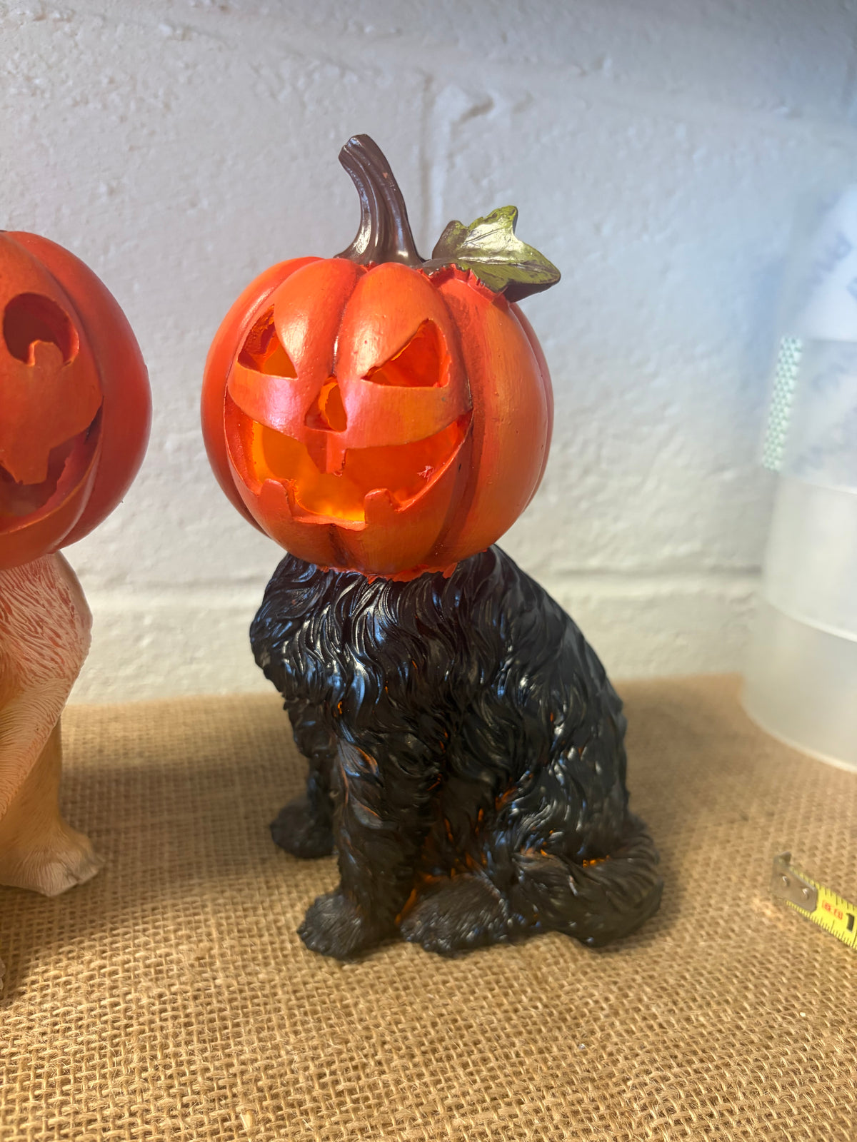 Set of 2 Halloween DOG Figurines w/ Jack-O-Lantern Pumpkin Heads Freestanding
