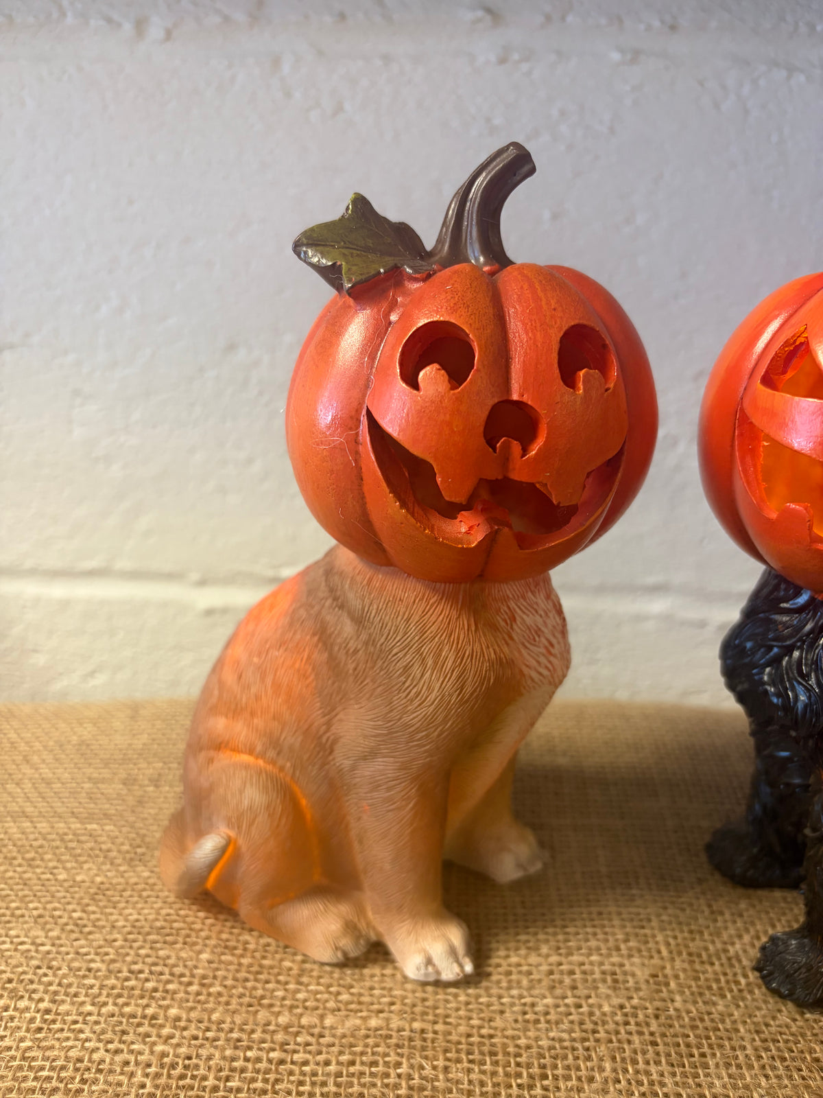 Set of 2 Halloween DOG Figurines w/ Jack-O-Lantern Pumpkin Heads Freestanding