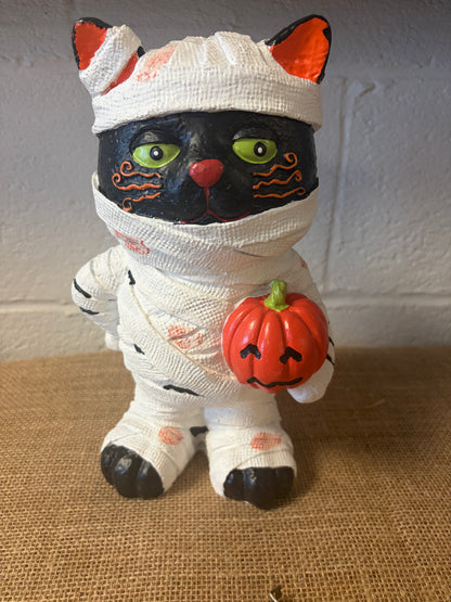 Halloween 10" Resin BLACK Cat Mummy Figurine CUTE Spooky Pumpkin Decoration