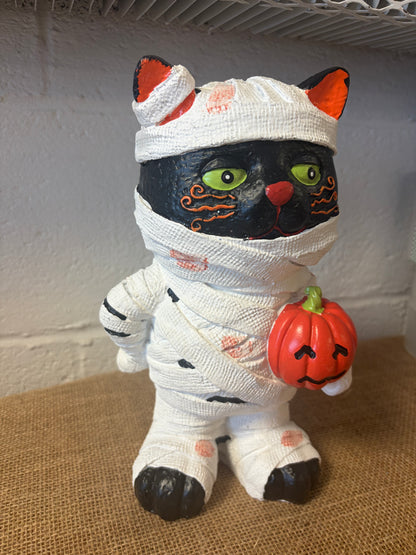 Halloween 10" Resin BLACK Cat Mummy Figurine CUTE Spooky Pumpkin Decoration
