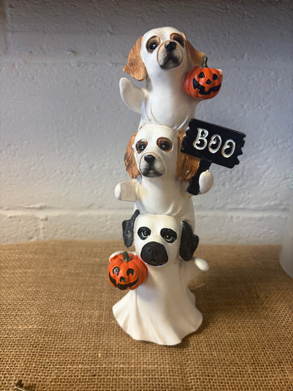 Halloween Dog Ghost Figurine w/ Pumpkin & BOO Sign resin material