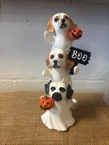 Halloween Dog Ghost Figurine w/ Pumpkin & BOO Sign resin material