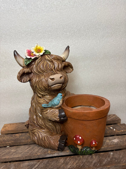 Highland Cow Planter with Flowers and Bird