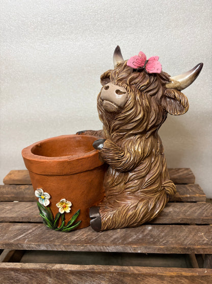 Highland Cow Planter with Butterfly on head