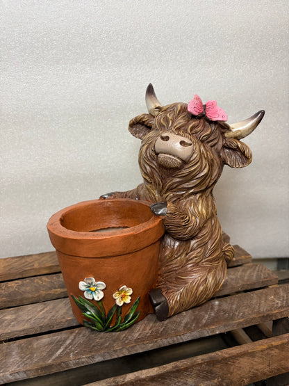 Highland Cow Planter with Butterfly on head
